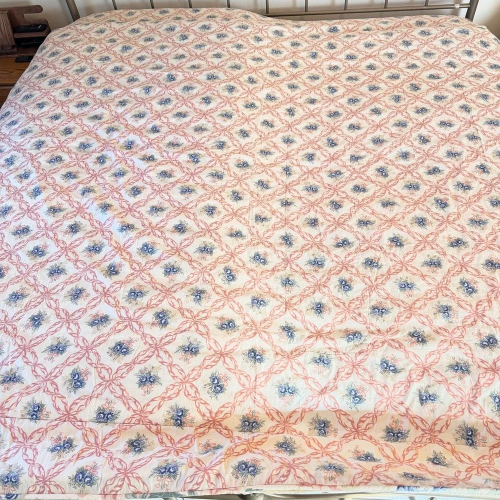 Vtg Royalty Collection Cottagecore Blue Rose Floral Comforter Pink Ribbon Full/Q